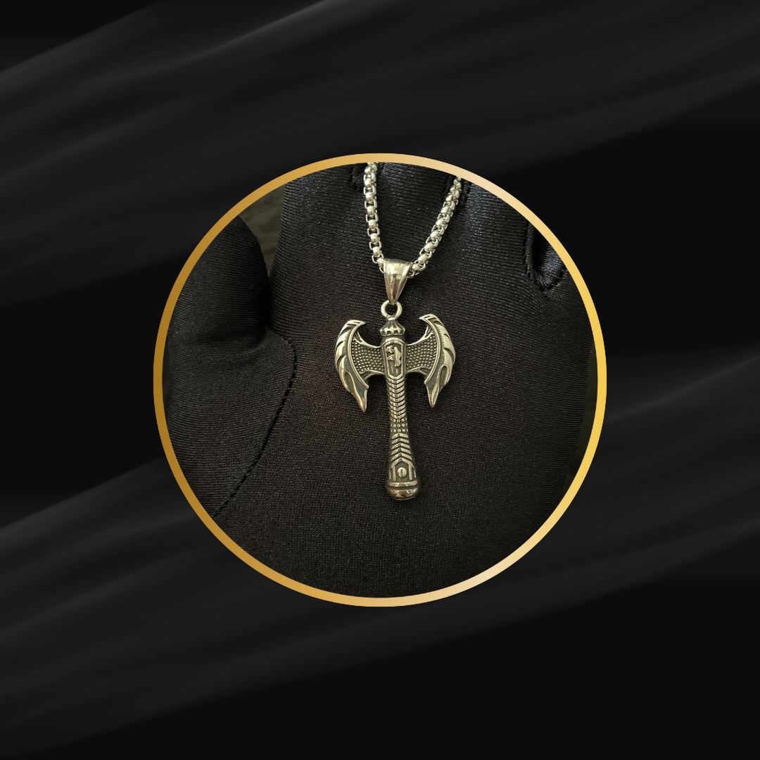 Viking Double-Headed Battle Axe Blade Pendant with Chain